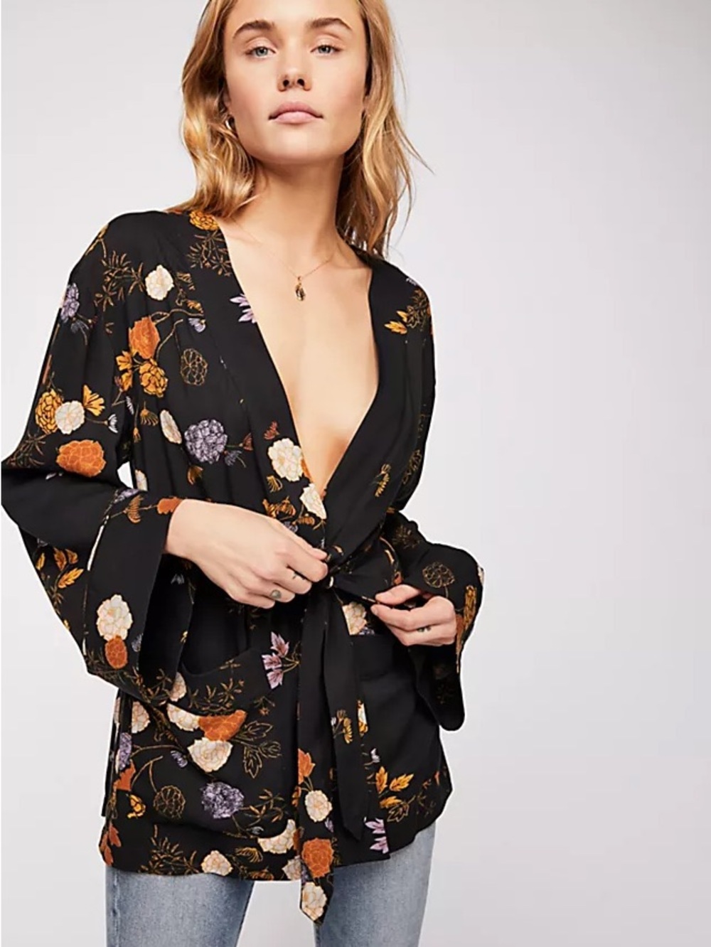 Free People Wrap It Up Floral Black Kimono Peony Midnight Boho Tie Waist Size M